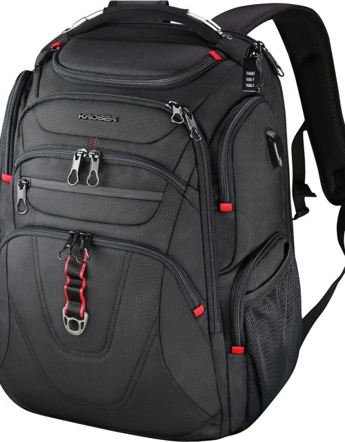 KROSER TSA Friendly Travel Laptop Backpack 17.3 inch XL Computer Backpack Water-Repellent College Daypack Business Backpack with RFID Pockets & USB Port for Men/Women-Black